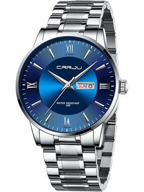 Men's Silver Blue Luxury Stainless Steel Chronograph Analog Quartz Round Watch